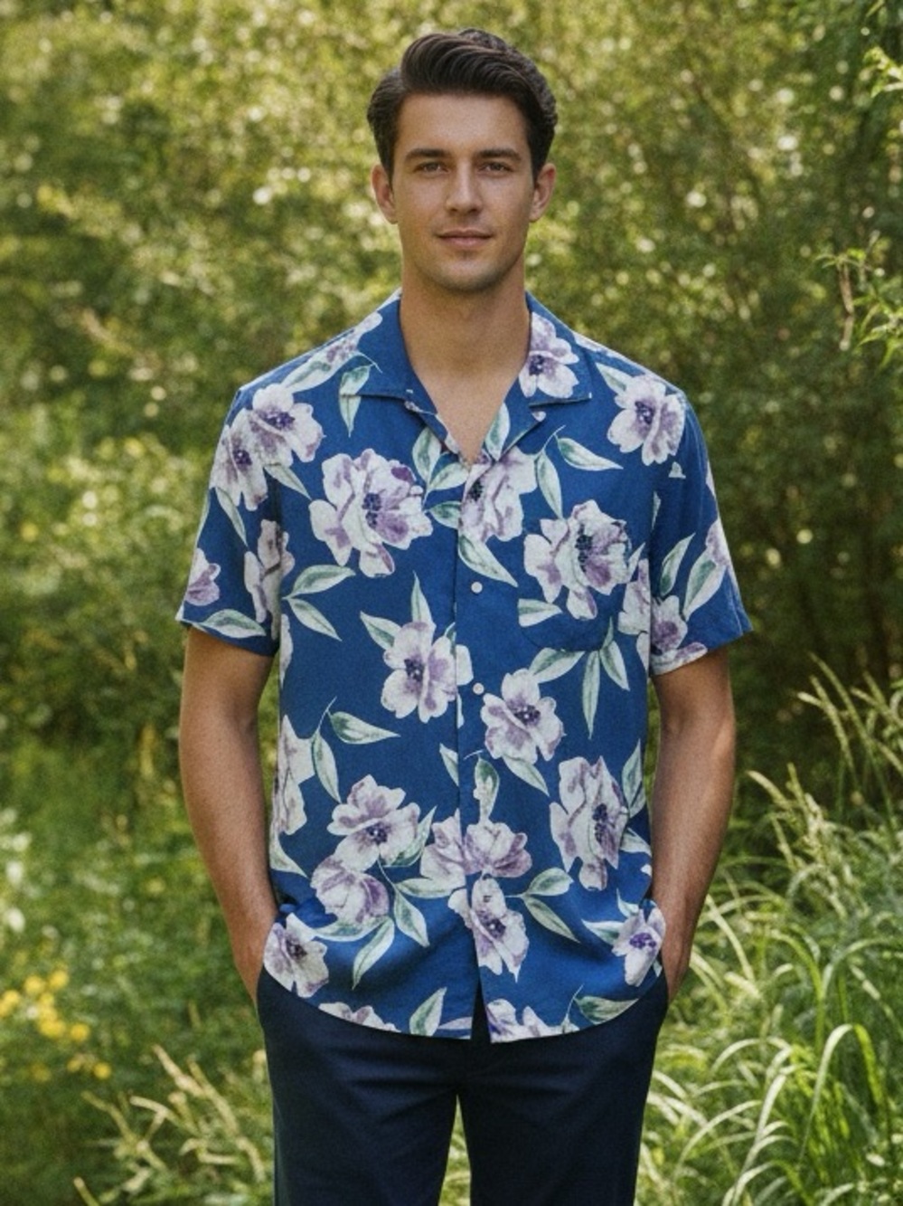 J.Crew Mens Blue Floral Camp Collar Short Sleeve Shirt Resortwear Size M